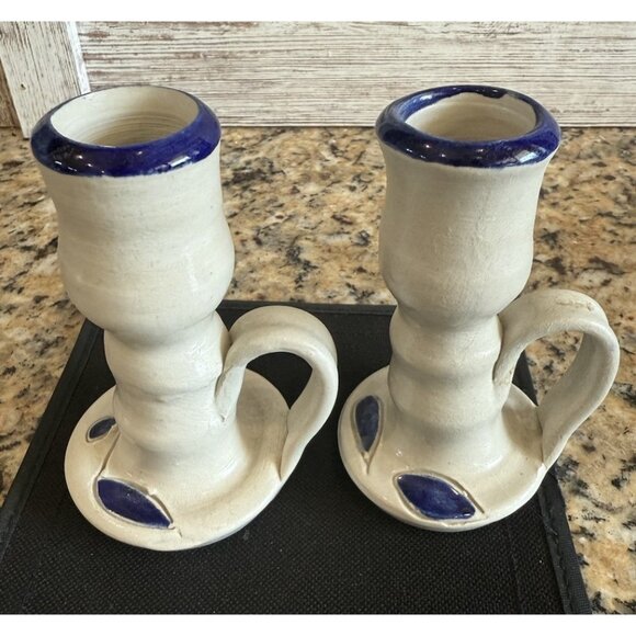 Williamsburg Pottery Salt Glazed Cobalt Blue Leaves Gray Candle Holders Set Of 2 - Picture 1 of 8